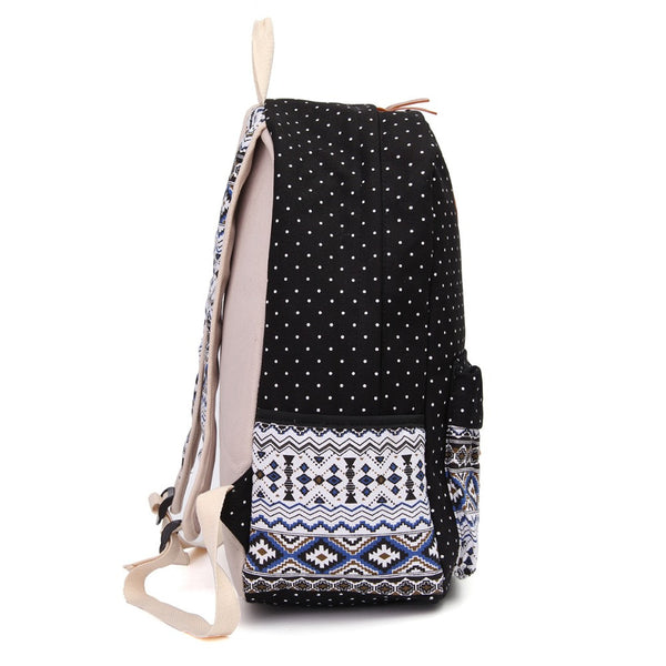 Printed Canvas Backpack for Women - 3 PCS/Set
