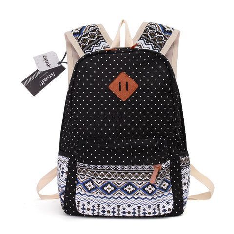 Printed Canvas Backpack for Women - 3 PCS/Set