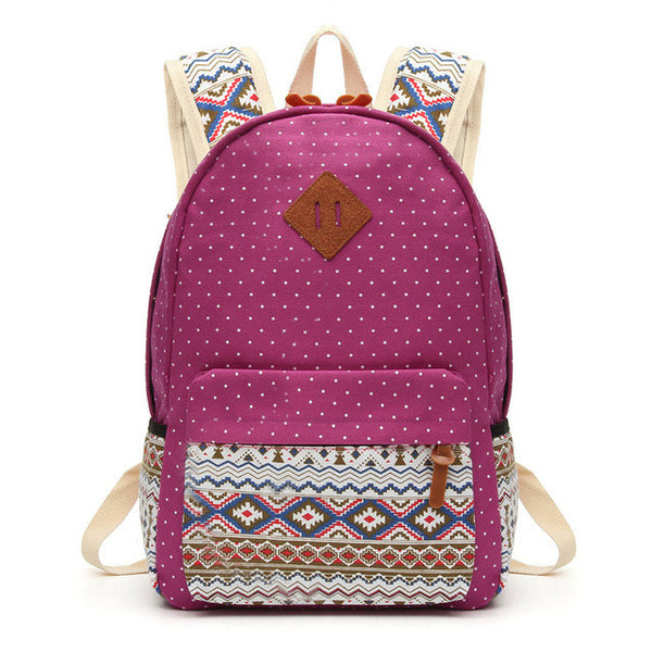 Printed Canvas Backpack for Women - 3 PCS/Set