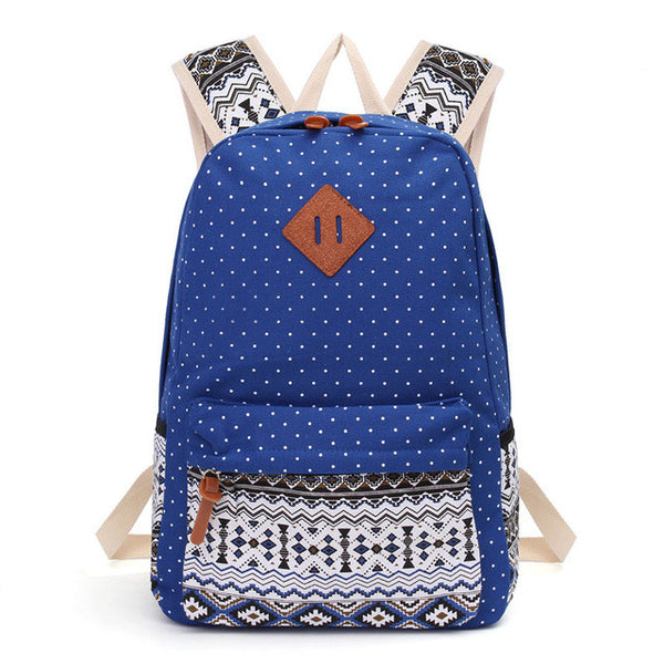 Printed Canvas Backpack for Women - 3 PCS/Set